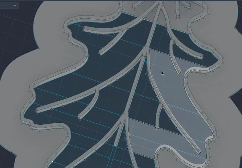 Model Fusion 360 al unei frunze de stejar cu rețeaua de nervuri