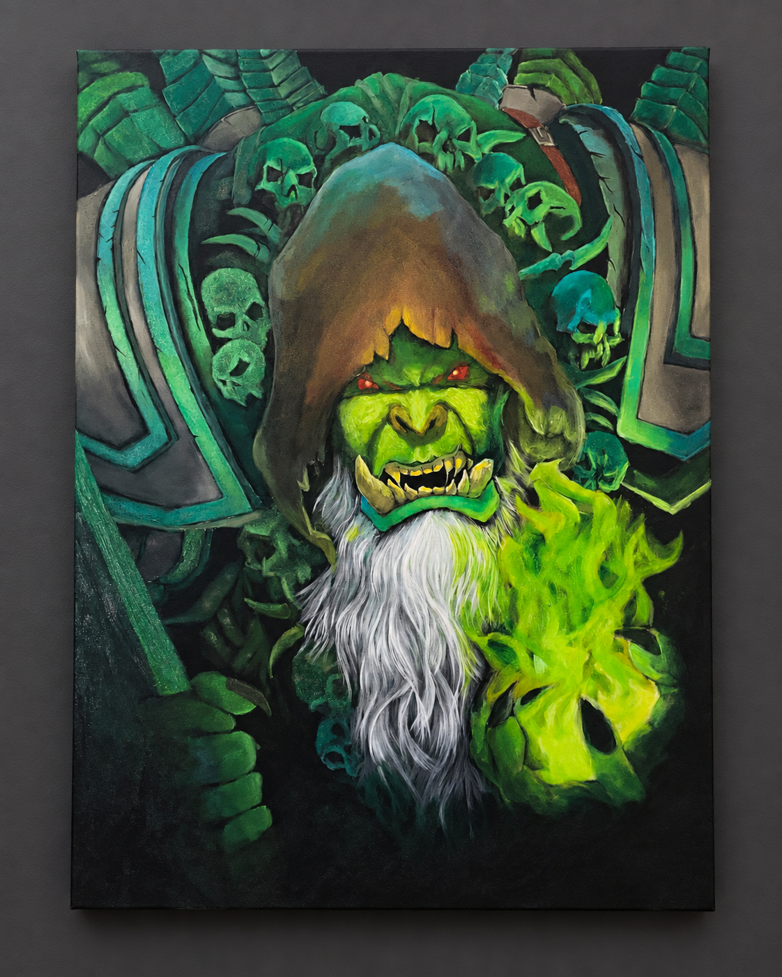 Portret pictat al unui personaj fantastic verde, înconjurat de cranii și magie
