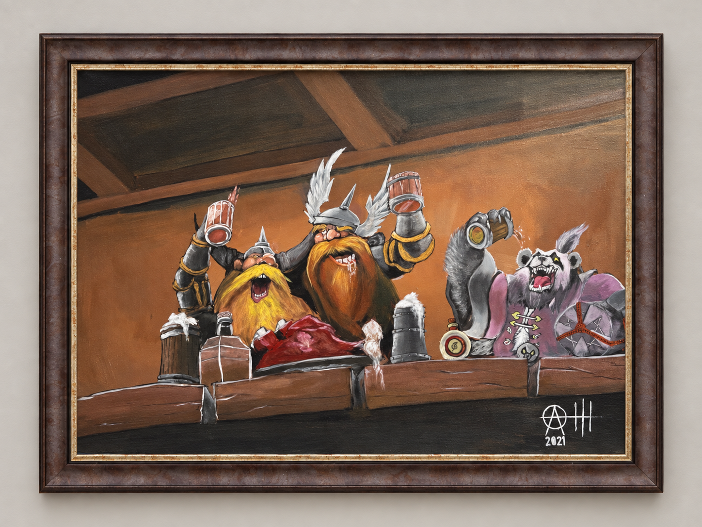 Pictură inspirată din World of Warcraft, cu personaje într-o tavernă